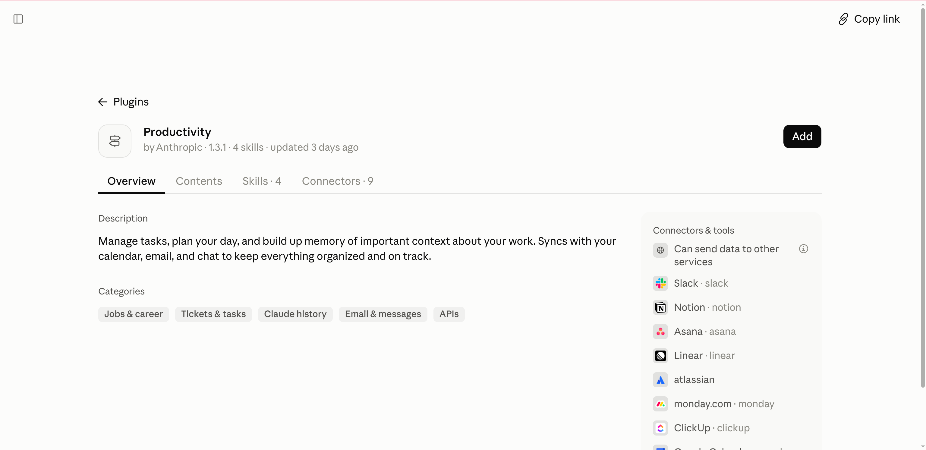 第11課 Productivity 資訊頁:Anthropic 提供,顯示版本、Skills 與 Connectors,右上為 Add。