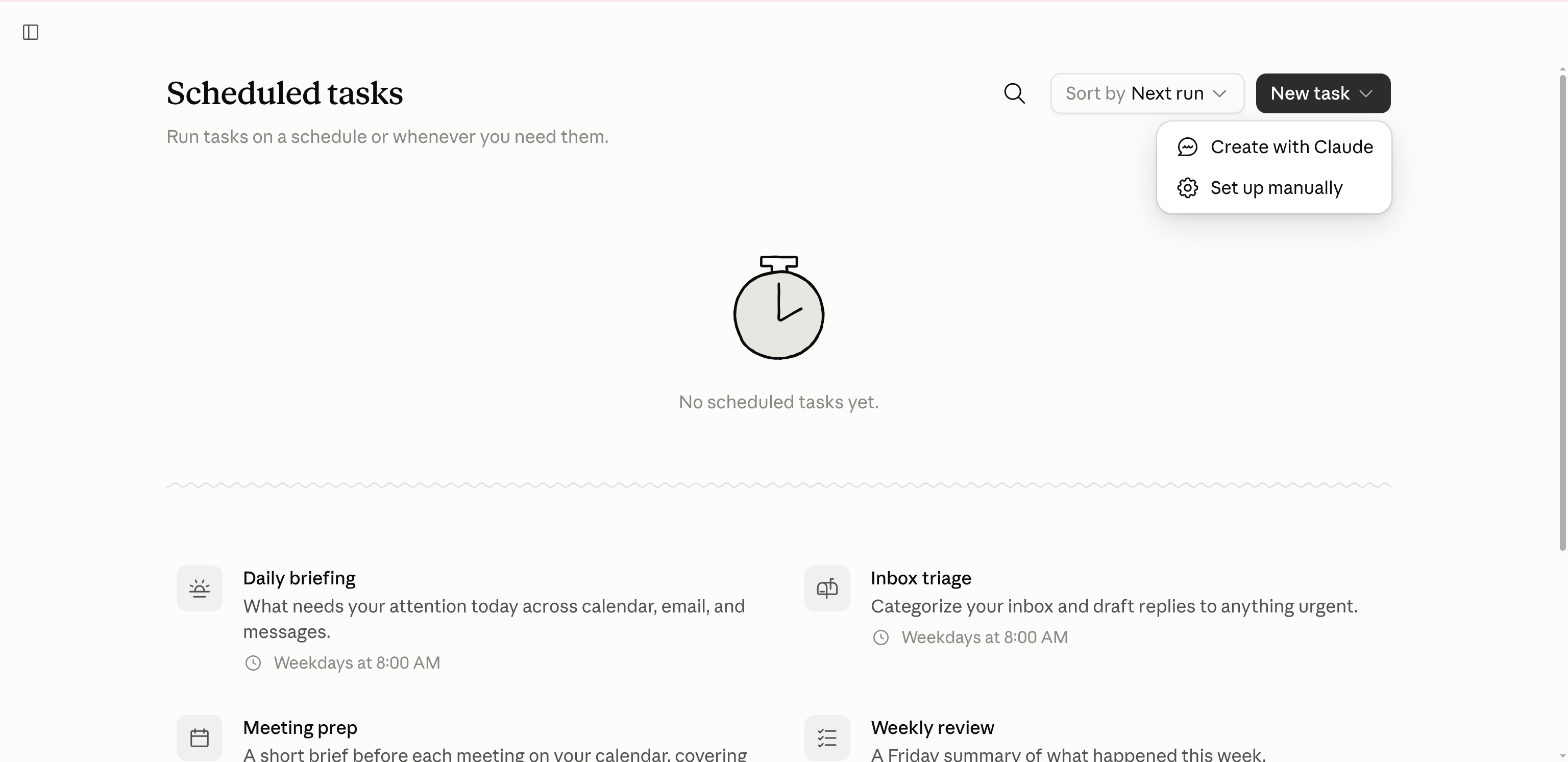 第15課只查看排程入口：Scheduled tasks → New task → Set up manually。