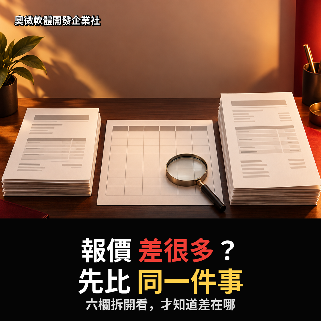 比較軟體外包報價範圍與交付條件的教學示意圖