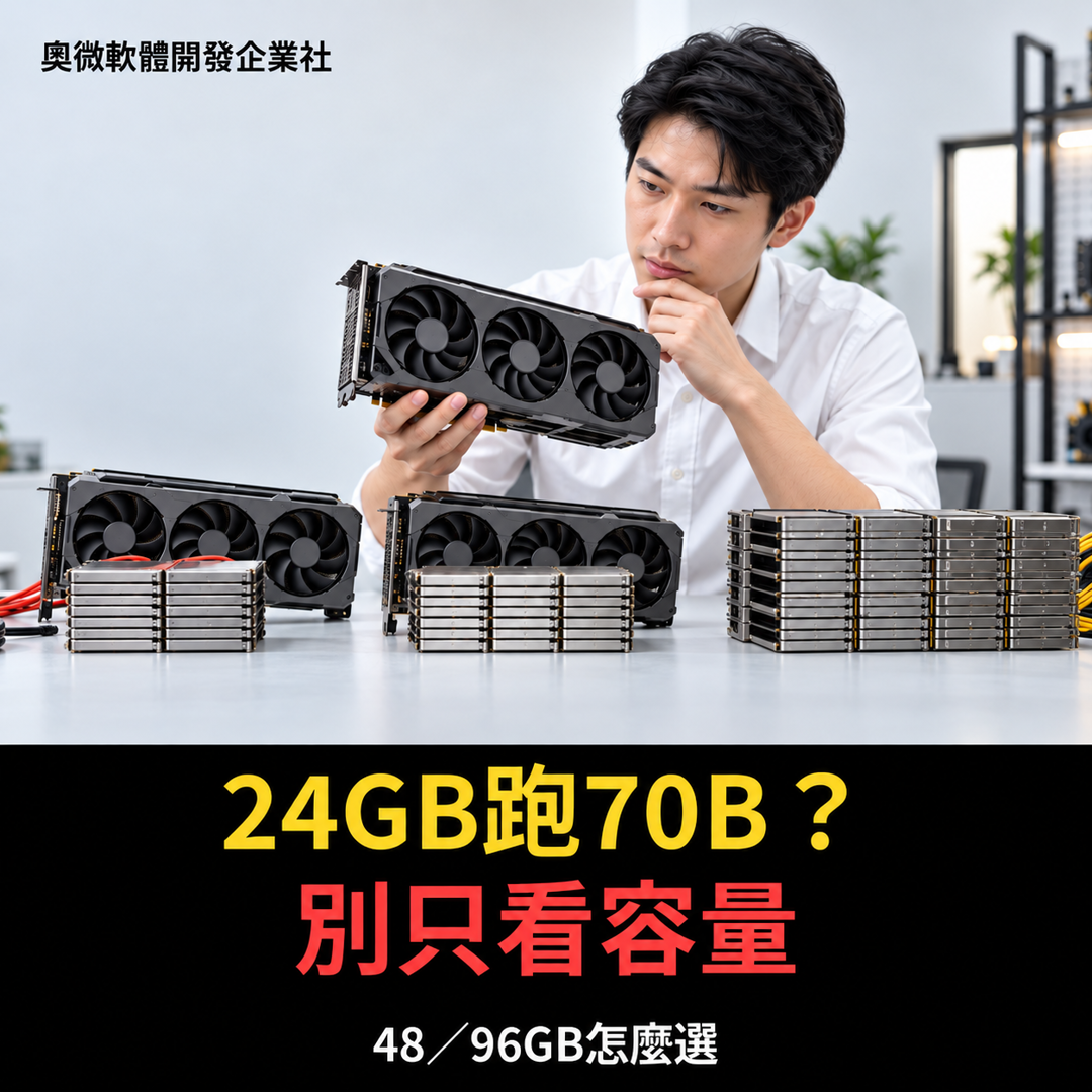 24GB、48GB、96GB 本地 AI 顯示記憶體容量預算示意圖