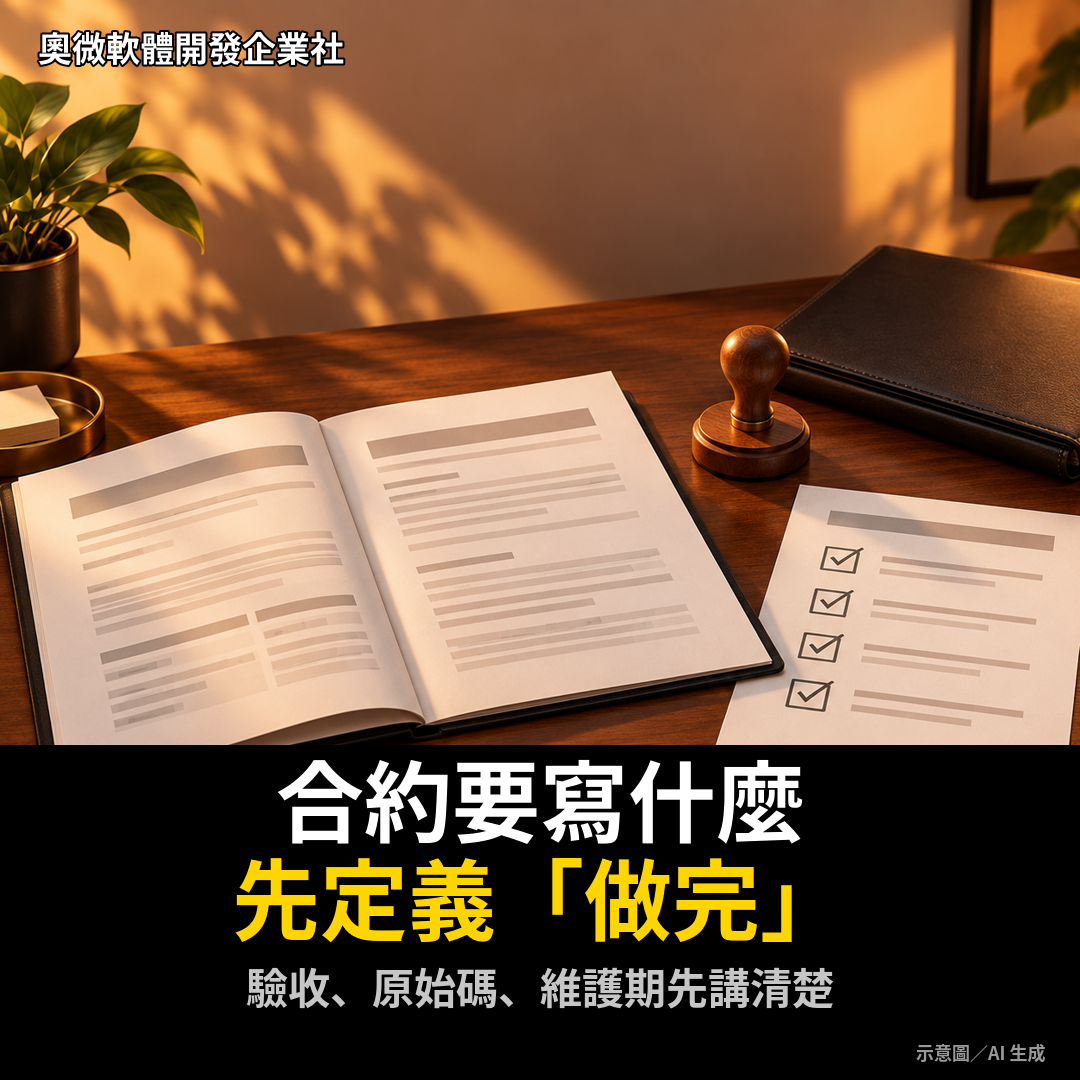 軟體外包合約與驗收清單放在桌面上