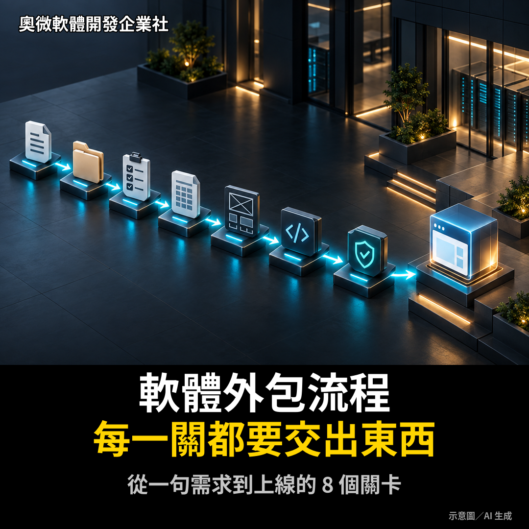 軟體外包從需求到上線的八個交付關卡示意