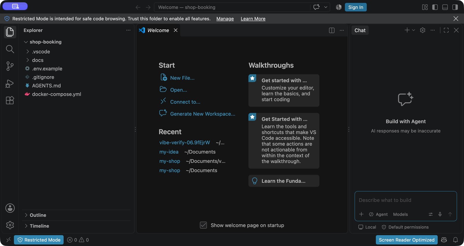 VS Code 左邊的檔案列表,看得到 AGENTS.md、docker-compose.yml、.env.example。