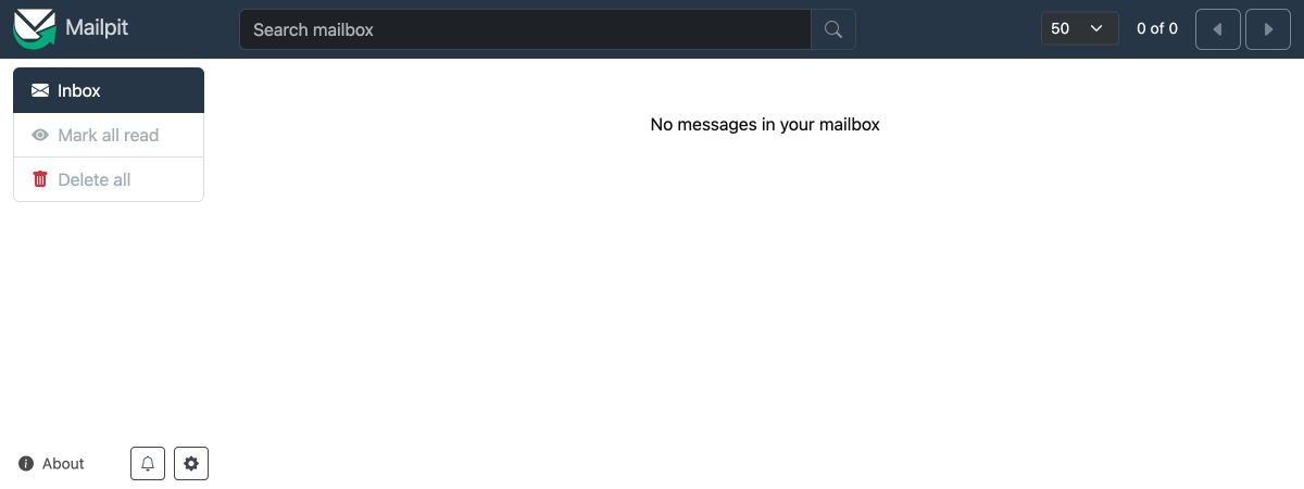 瀏覽器打開 http://localhost:8025,看到 Mailpit 空的測試收信匣。