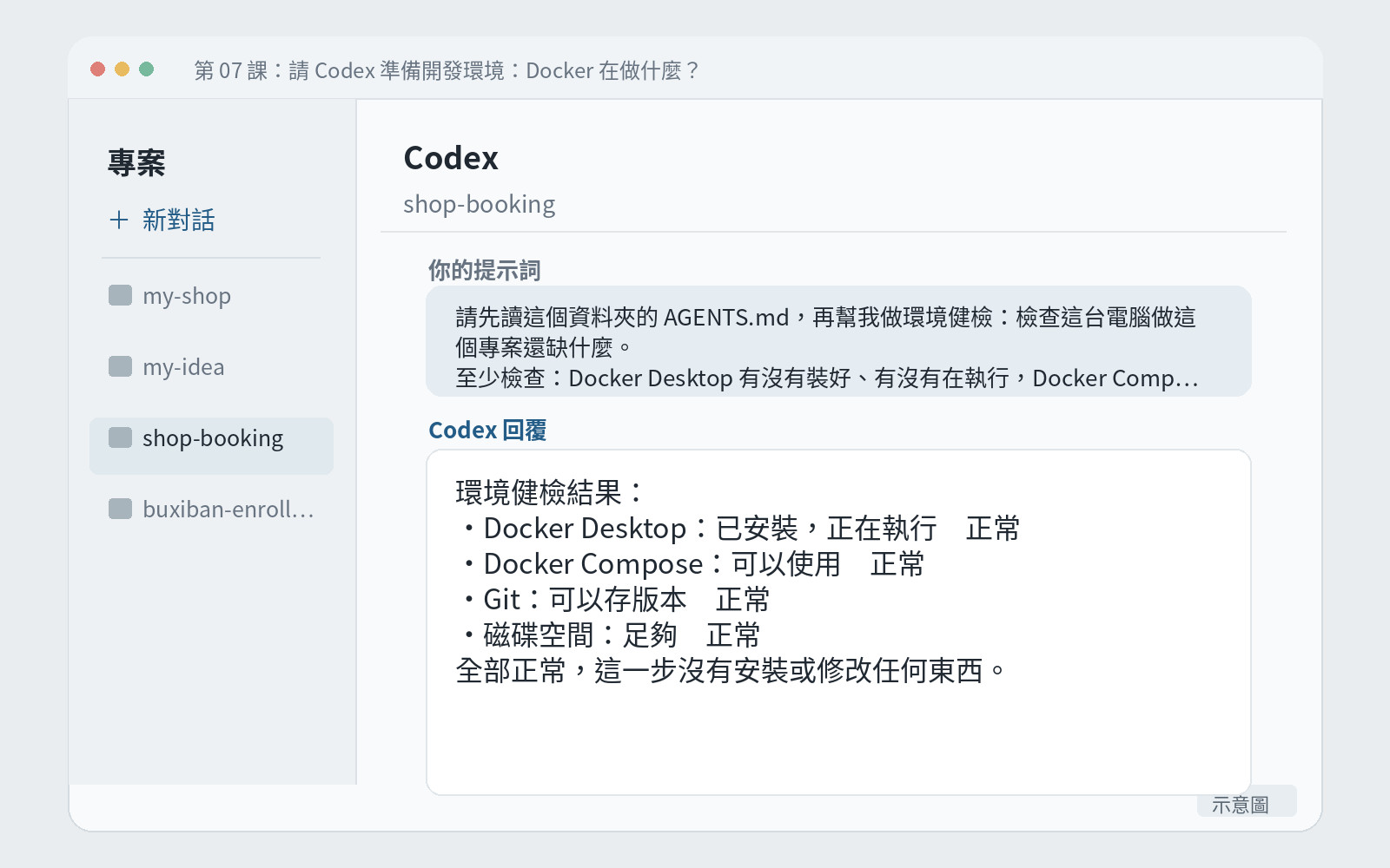 Codex 回報環境健檢結果,每一項標示正常或缺少。