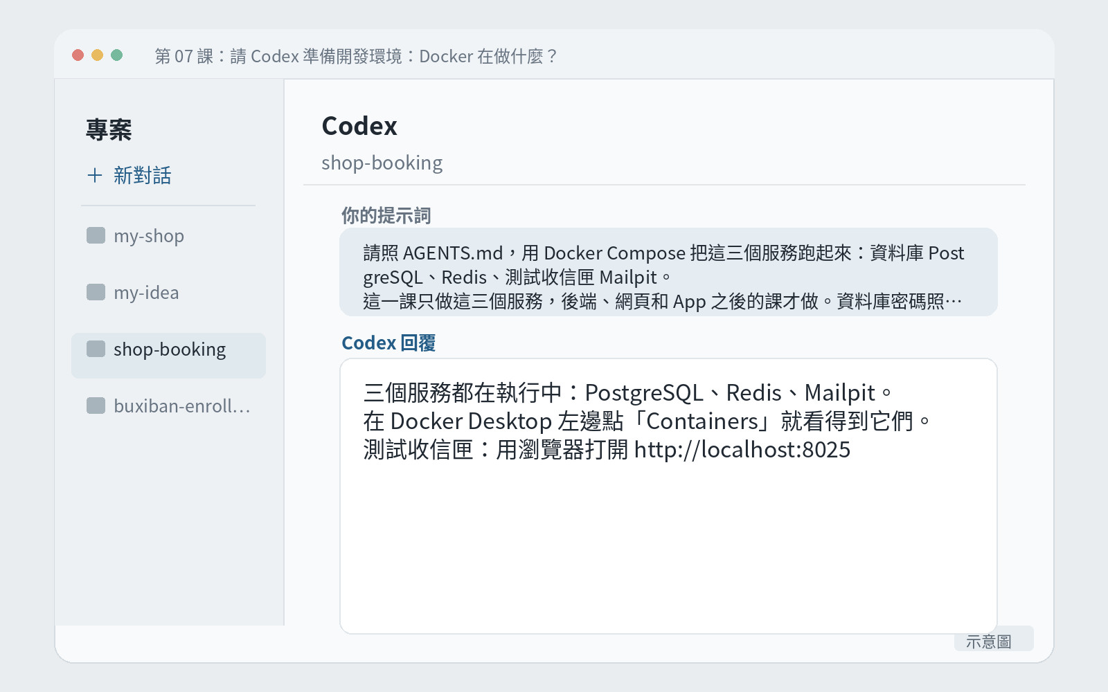 Codex 回報三個服務都已啟動,並附上測試收信匣的網址。