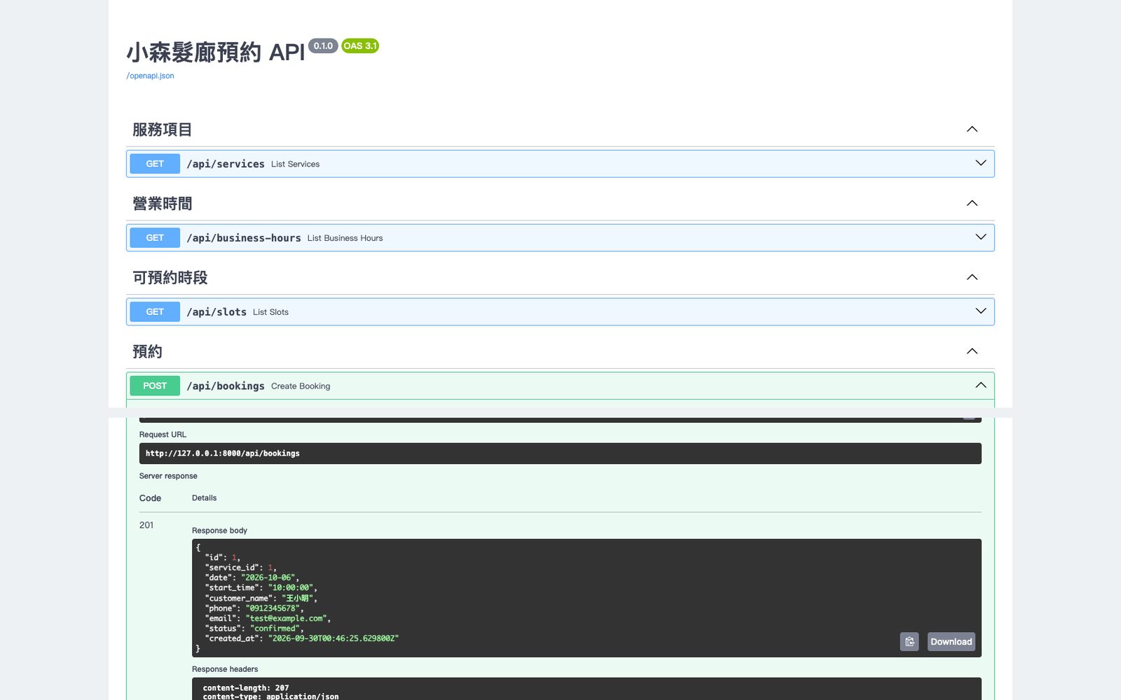瀏覽器打開 API 文件頁(/docs):上面列出服務項目、營業時間、可預約時段、預約和店家查預約幾條路由;展開 POST /api/bookings 按「Execute」後,下方的 Code 顯示 201,Response body 是剛存進去的那筆王小明的預約。