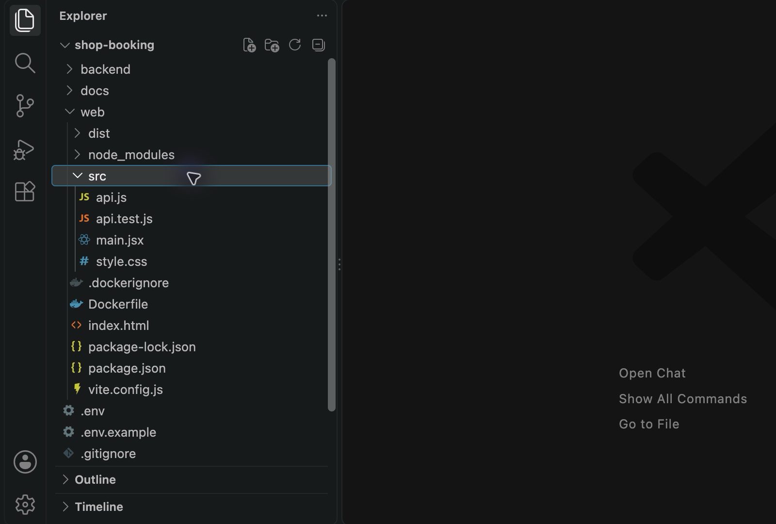 VS Code 左邊的檔案列表:web 資料夾裡多了網頁的檔案,src 裡有 api.js、main.jsx、style.css,旁邊還有 Dockerfile、index.html、package.json。