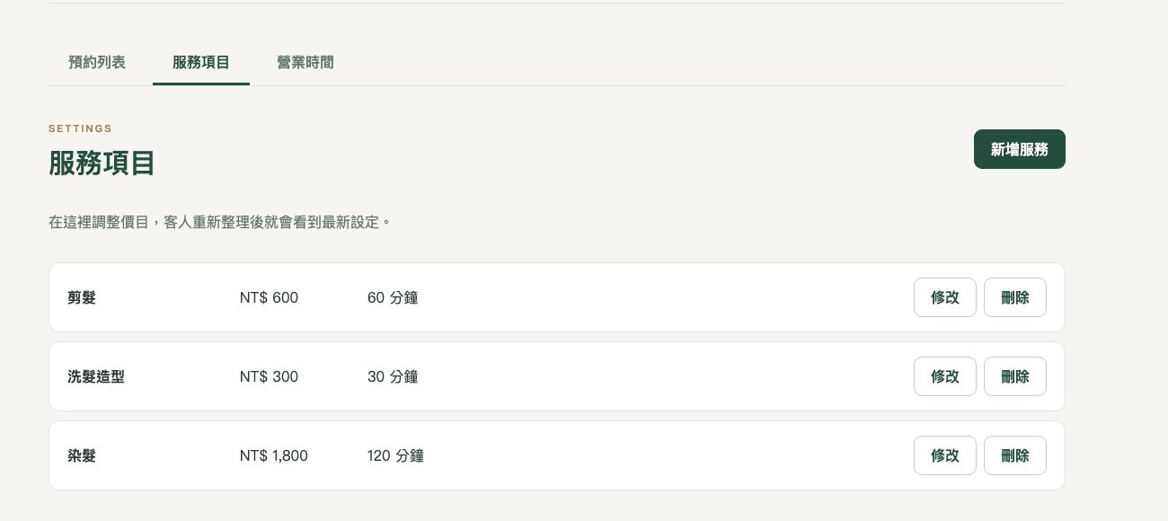 後台的「服務項目」頁:剪髮、洗髮造型、染髮三列,各有價格、時長和「修改」「刪除」按鈕。