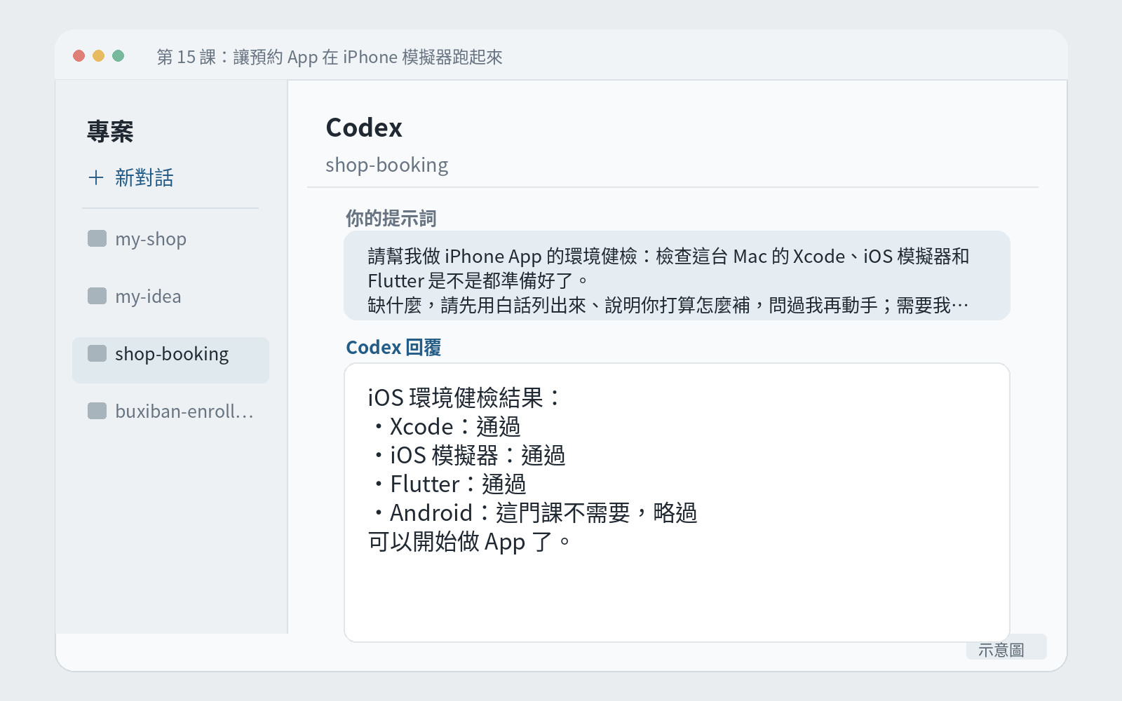 Codex 回報健檢結果:Xcode、iOS 模擬器、Flutter 都通過,Android 項目標示不需要。