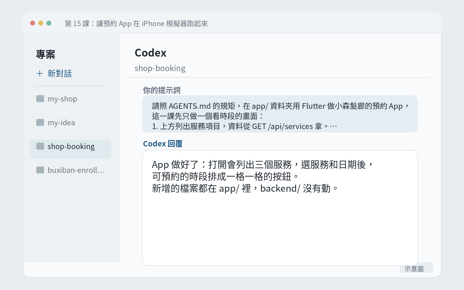 Codex 回報在 app/ 做好 Flutter App、列出新增檔案的畫面。