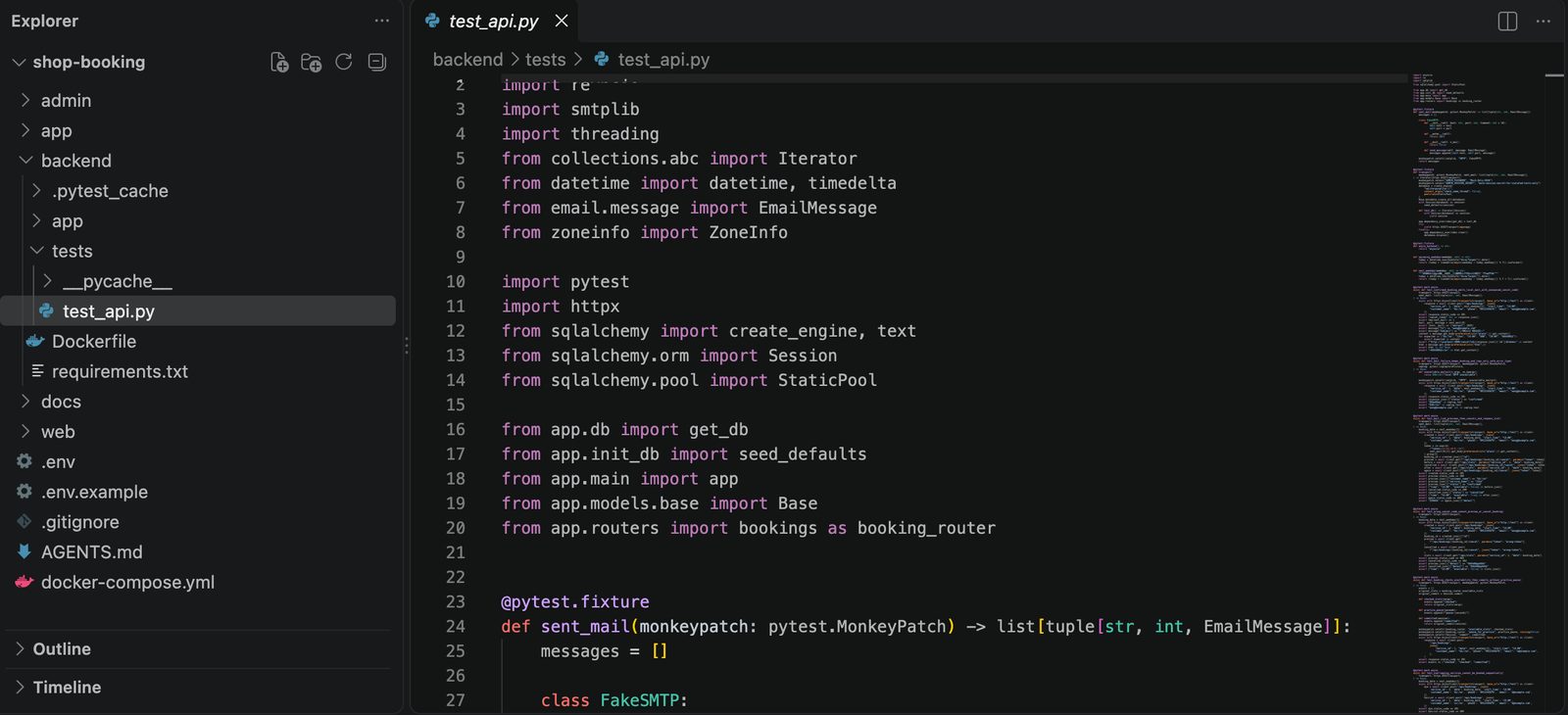 VS Code 左邊展開 backend/tests/,裡面是 test_api.py;右邊打開的就是這個測試檔。