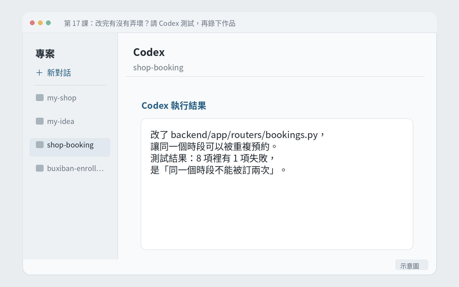 2 故意改壞後,Codex 回報有一項失敗,並說明是哪一項。