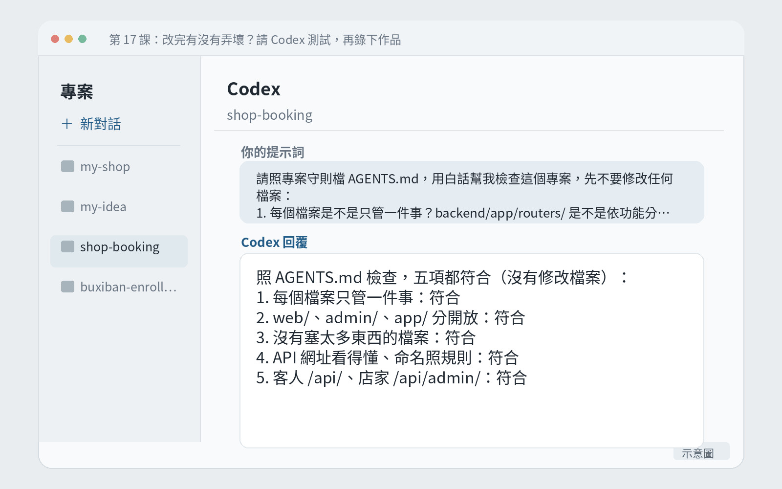 Codex 逐項回報健檢結果的畫面,每一項標示符合或不符合。