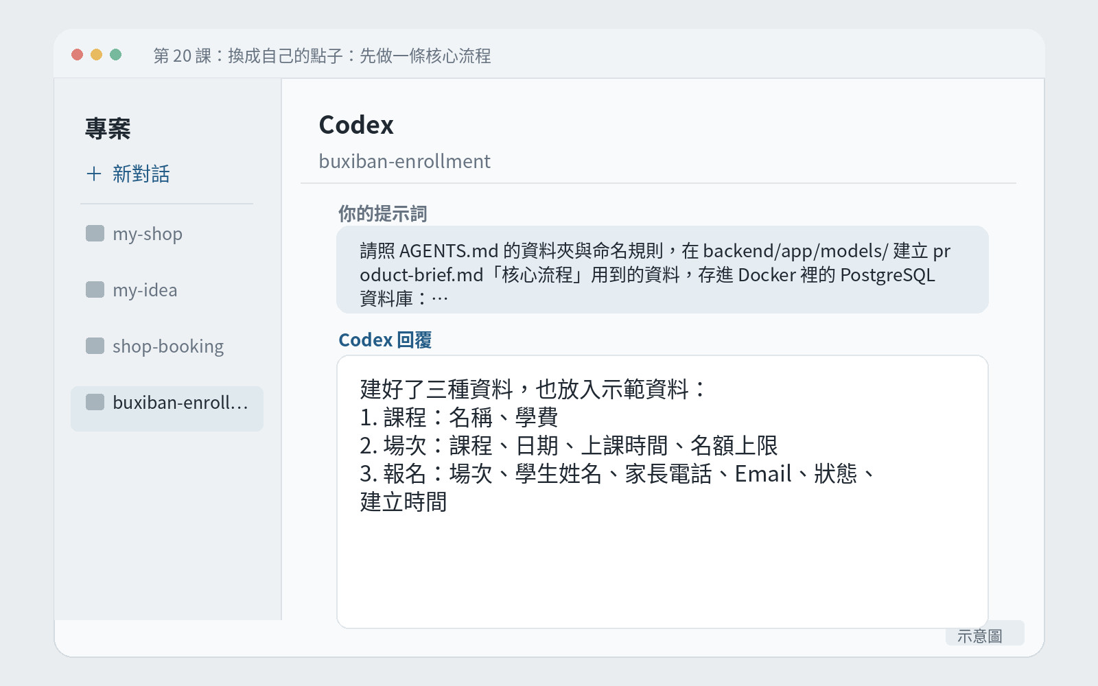 Codex 用白話列出建好的幾種資料和欄位。