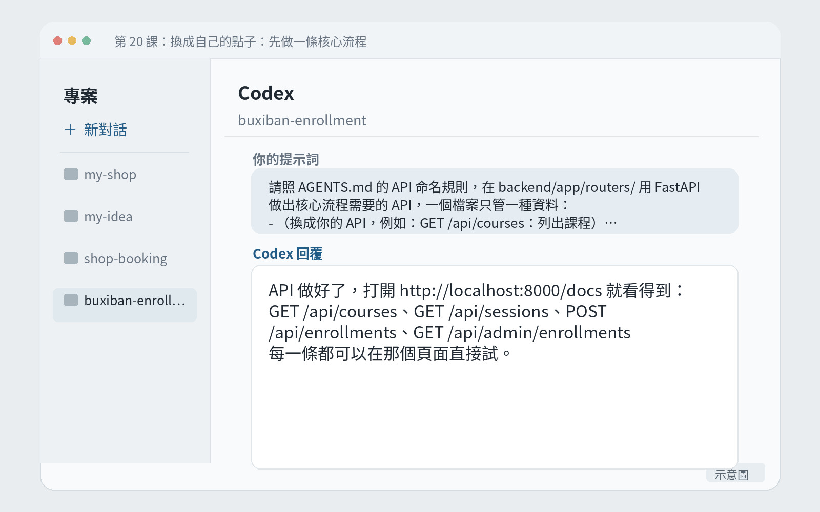 Codex 回報 API 做好了,附上 API 文件頁的網址 http://localhost:8000/docs。