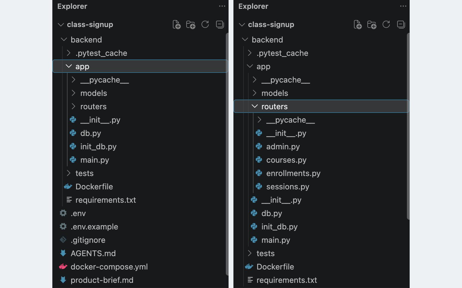 VS Code 左邊的檔案列表:左圖看得到 backend/、AGENTS.md、docker-compose.yml、product-brief.md;右圖展開 backend/app/routers/,裡面是 admin.py、courses.py、enrollments.py、sessions.py。