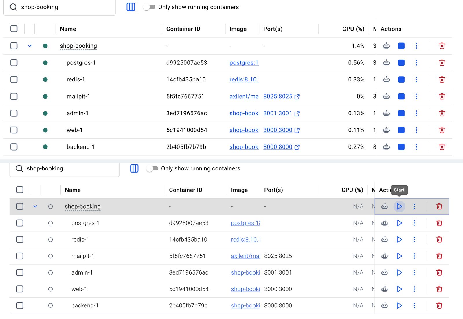 Docker Desktop 的容器列表:上面是 shop-booking 那一組,Actions 裡有方塊形的停止按鈕;下面是按下後整組變成已停止,按鈕換成三角形的開始。